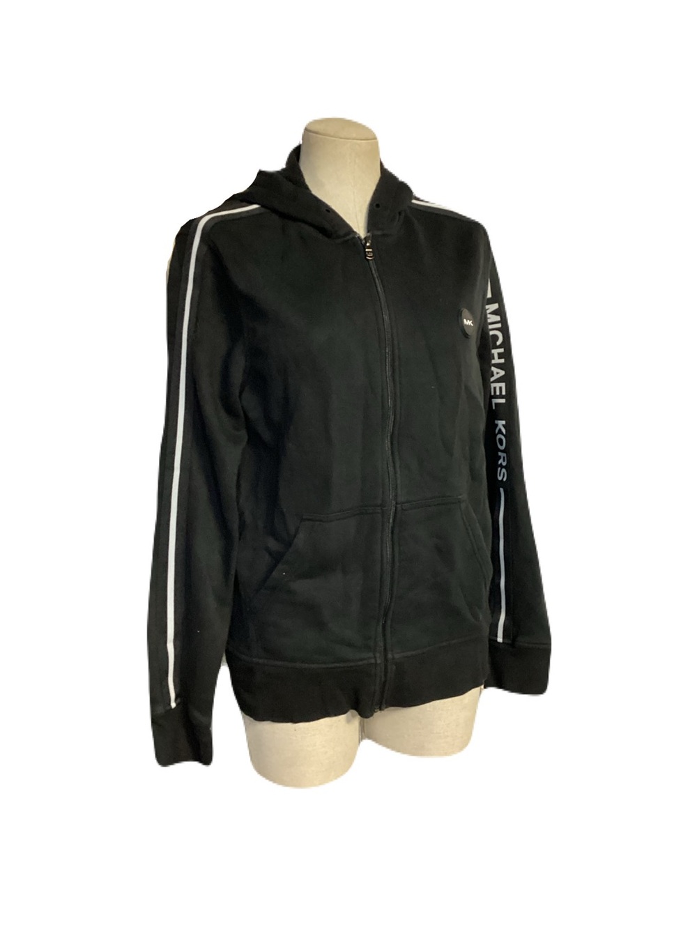 Michael Kors Black Hooded Zip Sweatshirt with White Side Stripes